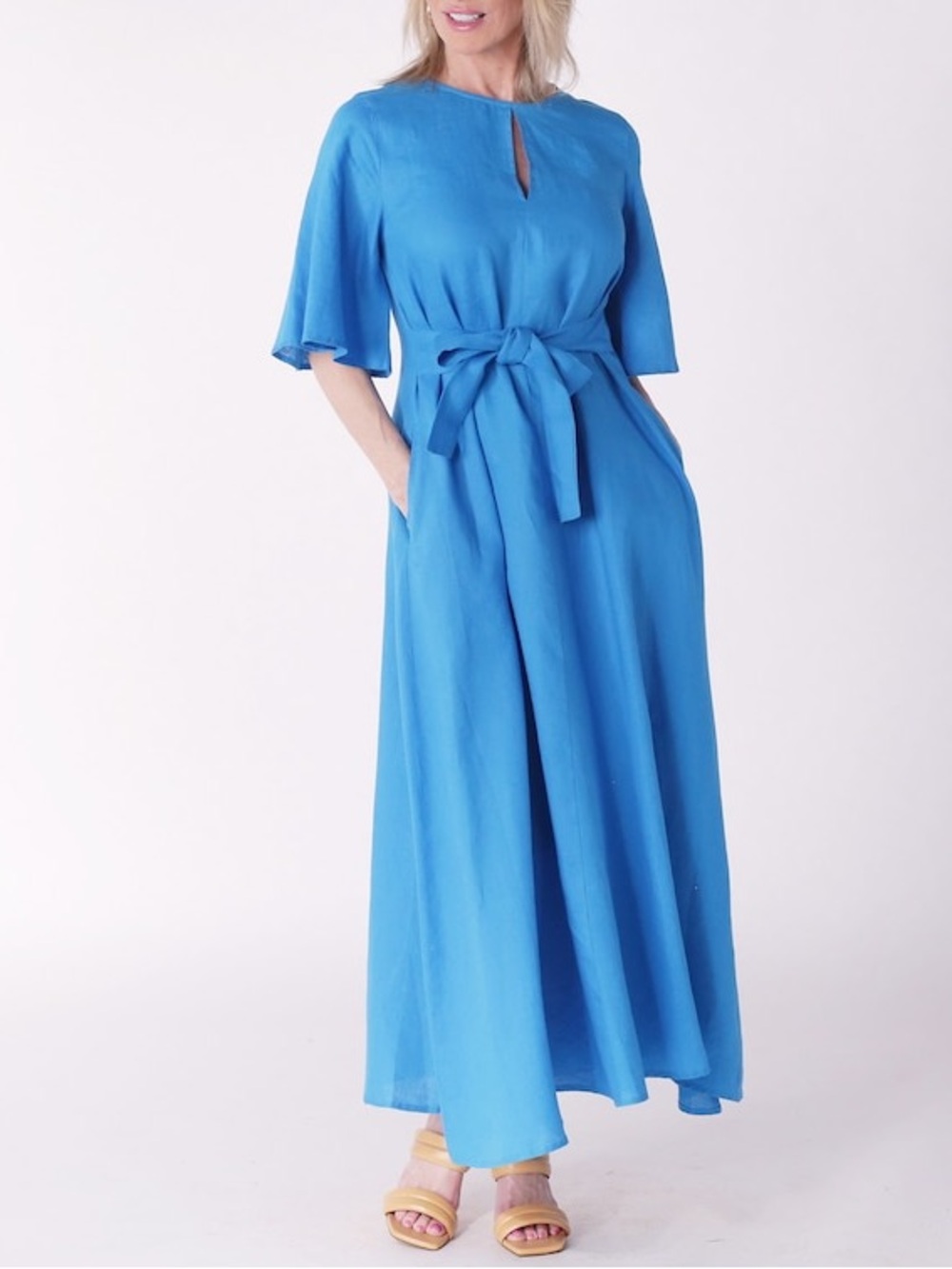Bailey 100% linen flutter sleeve maxi dress with self belt XS pockets tie waist